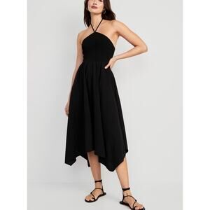 NWT Old Navy Fit & Flare Crinkled Halter Midi Dress Sz Large in Black